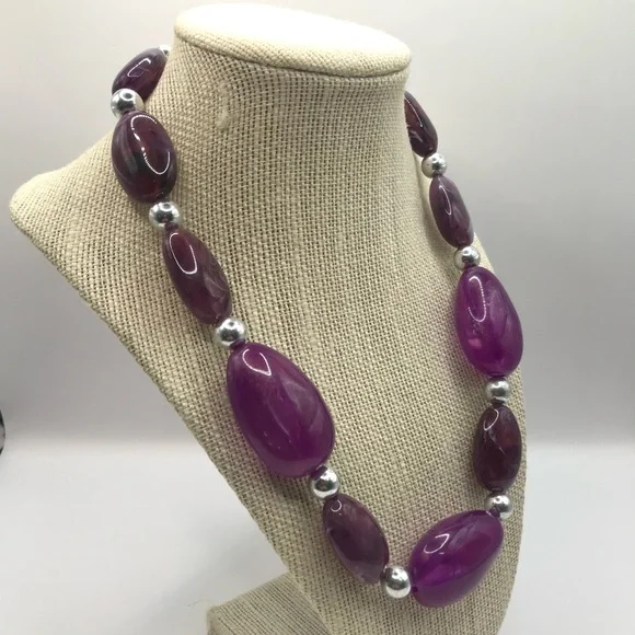 Chunky Purple Acrylic & Silver-Tone Bead Necklace - Picture 2 of 7